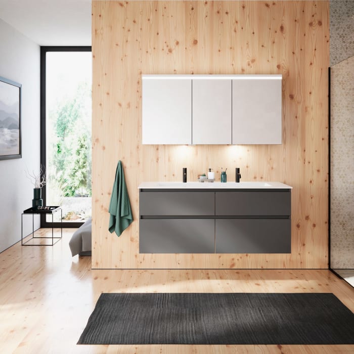 burgbad Lin20 Waschtischunterschrank mit Mineralguss-Waschtisch 142 cm, 4 Auszüge