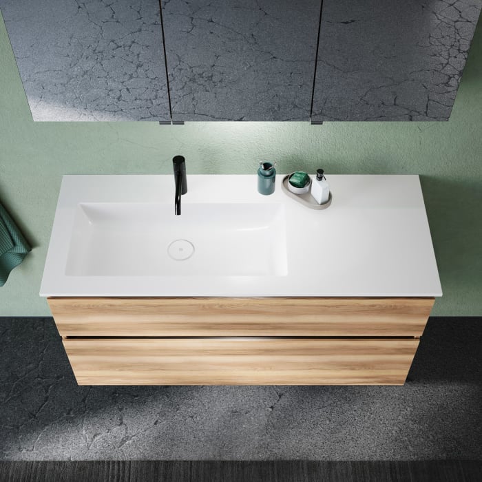 burgbad Lin20 Waschtischunterschrank mit Mineralguss-Waschtisch 122 cm, 2 Auszüge, links