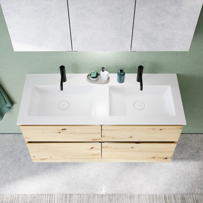 burgbad Lin20 Waschtischunterschrank mit Mineralguss-Doppelwaschtisch 122 cm, 4 Auszüge, links und rechts