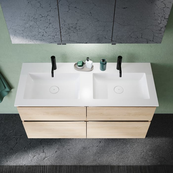 burgbad Lin20 Waschtischunterschrank mit Mineralguss-Doppelwaschtisch 122 cm, 4 Auszüge, links und rechts