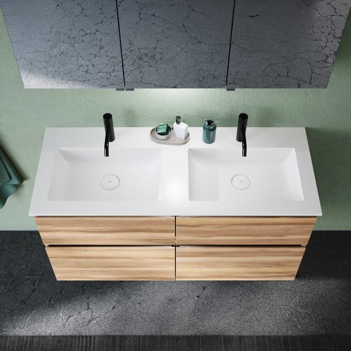 burgbad Lin20 Waschtischunterschrank mit Mineralguss-Doppelwaschtisch 122 cm, 4 Auszüge, links und rechts