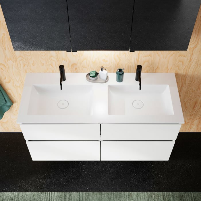 burgbad Lin20 Waschtischunterschrank mit Mineralguss-Doppelwaschtisch 122 cm, 4 Auszüge, links und rechts