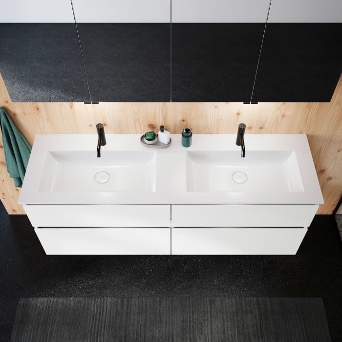 burgbad Lin20 Waschtischunterschrank mit Mineralguss-Doppelwaschtisch 162 cm, 4 Auszüge, links und rechts