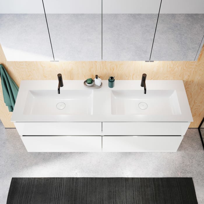 burgbad Lin20 Waschtischunterschrank mit Mineralguss-Doppelwaschtisch 162 cm, 4 Auszüge, links und rechts