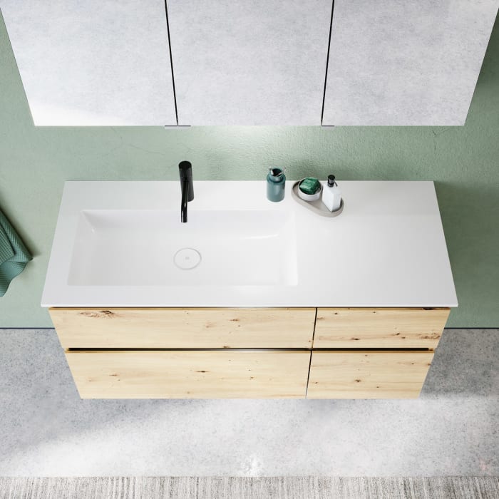 burgbad Lin20 Waschtischunterschrank mit Mineralguss-Waschtisch 122 cm, 4 Auszüge, links