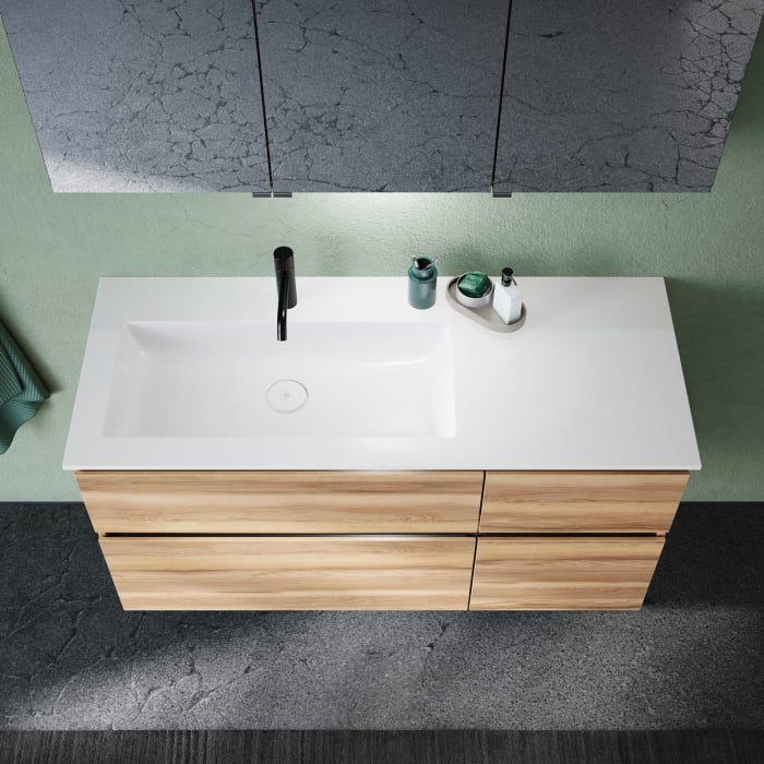 burgbad Lin20 Waschtischunterschrank mit Mineralguss-Waschtisch 122 cm, 4 Auszüge, links