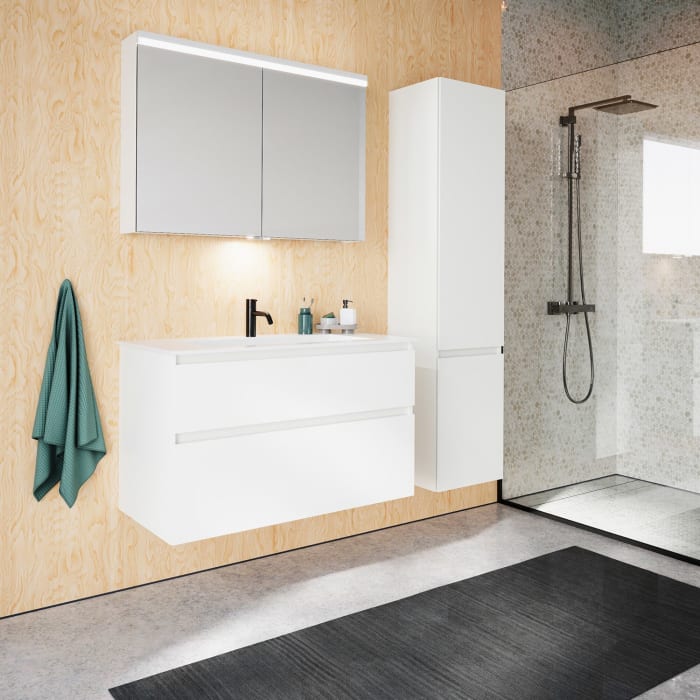 burgbad Lin20 Waschtischunterschrank mit Mineralguss-Waschtisch 102 cm, 2 Auszüge