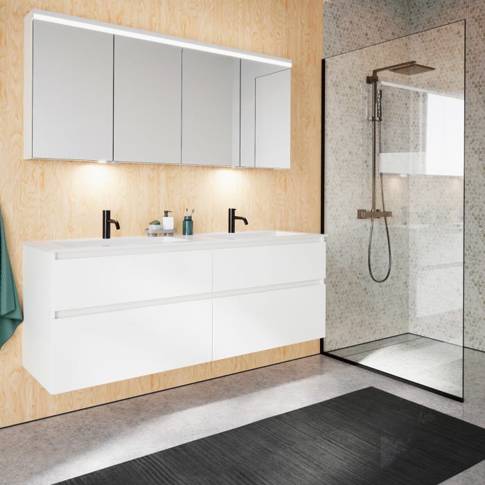 burgbad Lin20 Waschtischunterschrank mit Mineralguss-Doppelwaschtisch 162 cm, 4 Auszüge, links und rechts