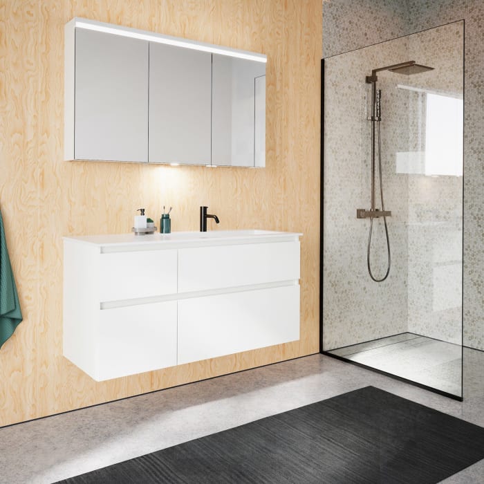 burgbad Lin20 Waschtischunterschrank mit Mineralguss-Waschtisch 122 cm, 4 Auszüge, rechts