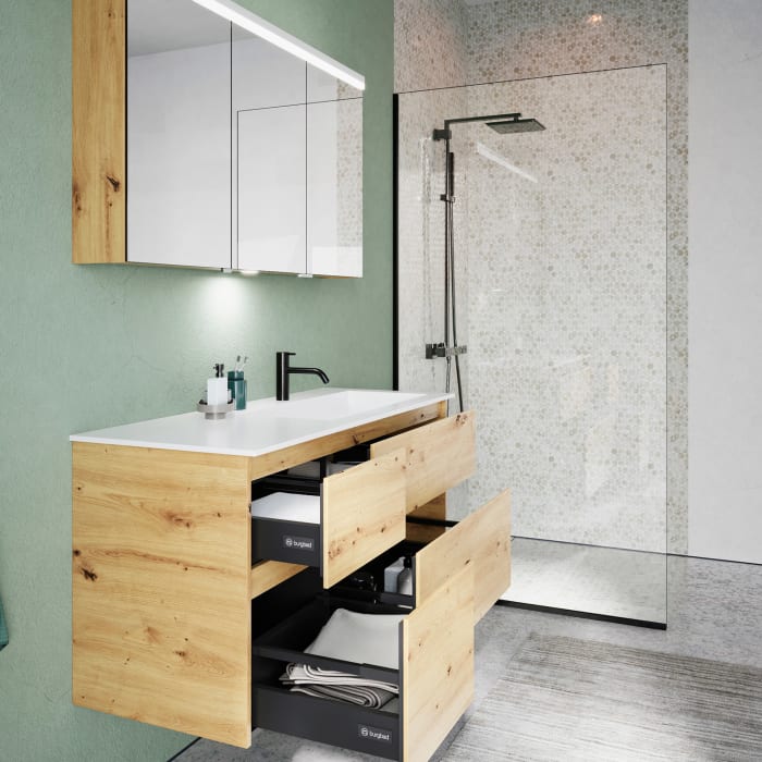 burgbad Lin20 Waschtischunterschrank mit Mineralguss-Waschtisch 122 cm, 4 Auszüge, rechts