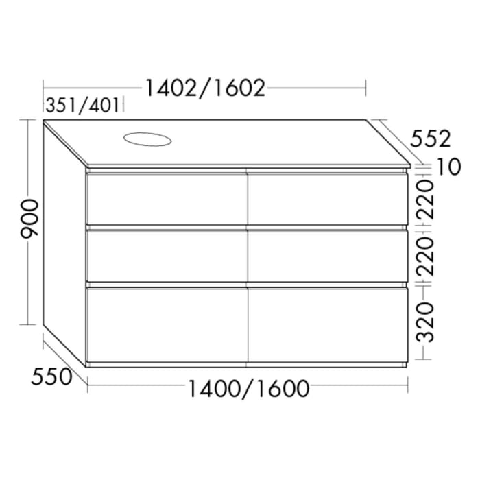 burgbad Lin20 Waschtischunterschrank mit Konsolenplatte 160 cm, 6 Auszüge, Beckenausschnitt rechts