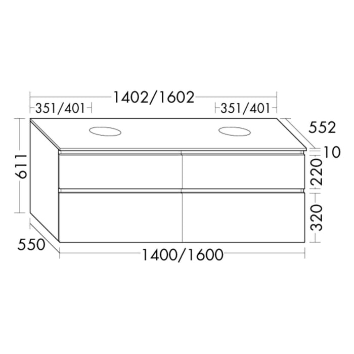 burgbad Lin20 Waschtischunterschrank mit Konsolenplatte 140 cm, 4 Auszüge, Beckenausschnitt links und rechts