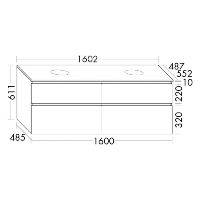 burgbad Lin20 Waschtischunterschrank mit Konsolenplatte 160 cm, 4 Auszüge, Beckenausschnitt links und rechts