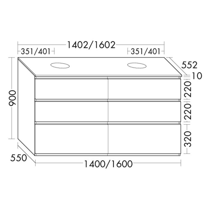 burgbad Lin20 Waschtischunterschrank mit Konsolenplatte 140 cm, 6 Auszüge, Beckenausschnitt links und rechts