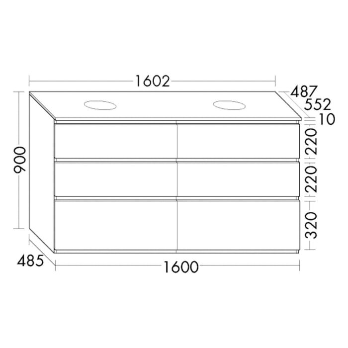 burgbad Lin20 Waschtischunterschrank mit Konsolenplatte 160 cm, 6 Auszüge, Beckenausschnitt links und rechts