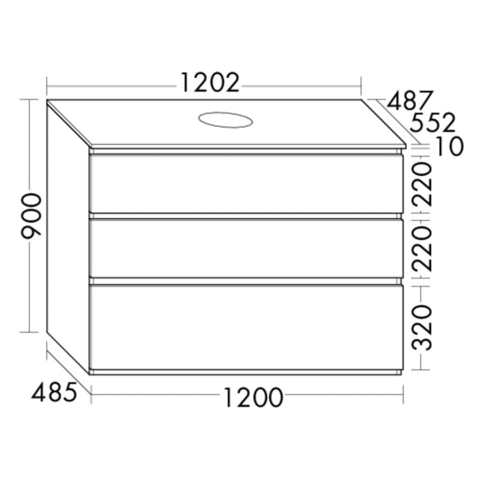 burgbad Lin20 Waschtischunterschrank mit Konsolenplatte 120 cm, 3 Auszüge, Beckenausschnitt mittig