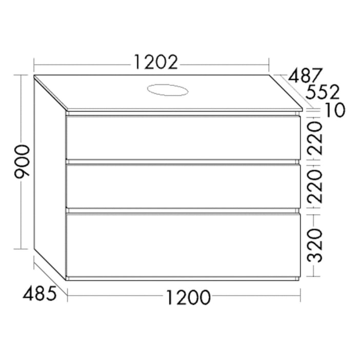 burgbad Lin20 Waschtischunterschrank mit Konsolenplatte 120 cm,  3 Auszüge, Beckenausschnitt mittig