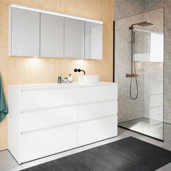 burgbad Lin20 Waschtischunterschrank mit Konsolenplatte 160 cm, 6 Auszüge, Beckenausschnitt rechts