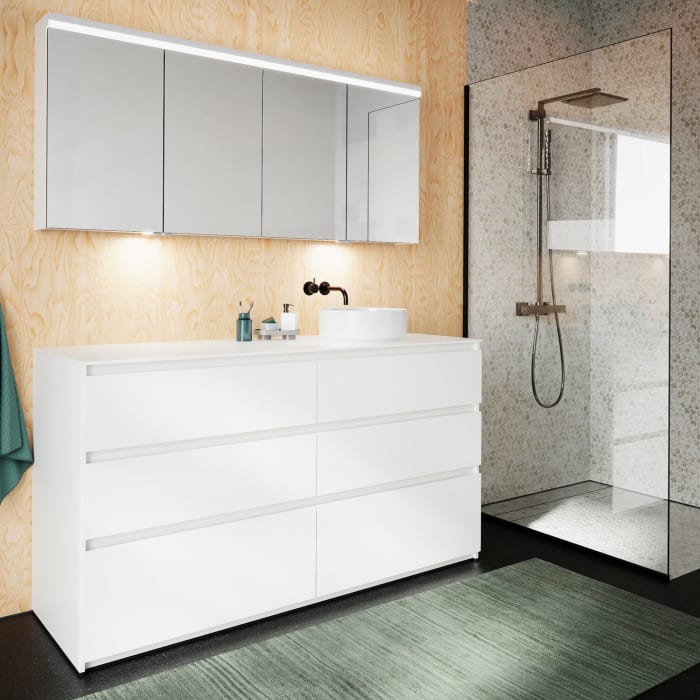 burgbad Lin20 Waschtischunterschrank mit Konsolenplatte 160 cm, 6 Auszüge, Beckenausschnitt rechts