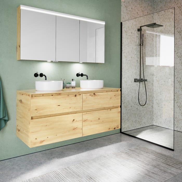 burgbad Lin20 Waschtischunterschrank mit Konsolenplatte 140 cm, 4 Auszüge, Beckenausschnitt links und rechts