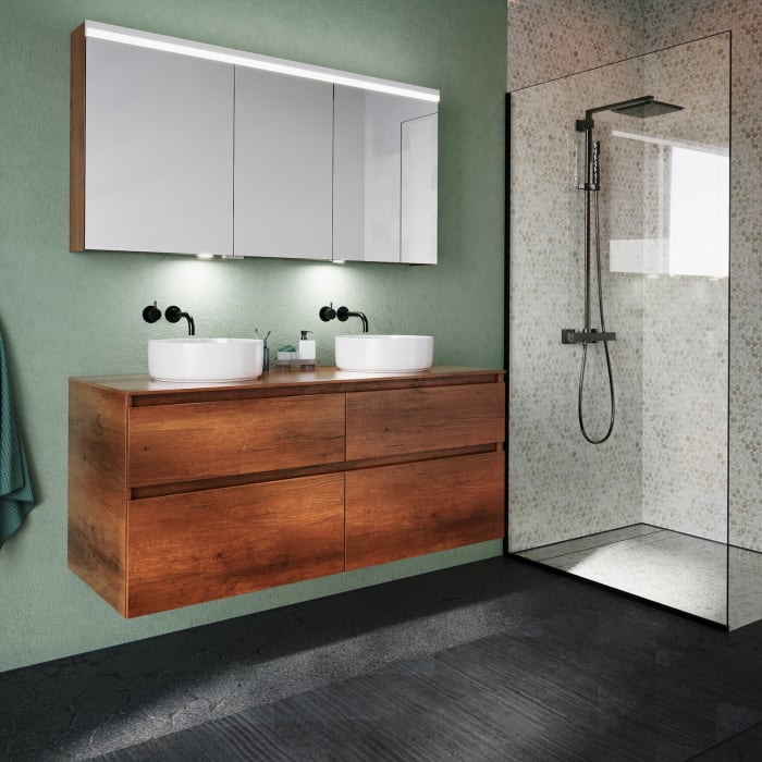 burgbad Lin20 Waschtischunterschrank mit Konsolenplatte 140 cm, 4 Auszüge, Beckenausschnitt links und rechts