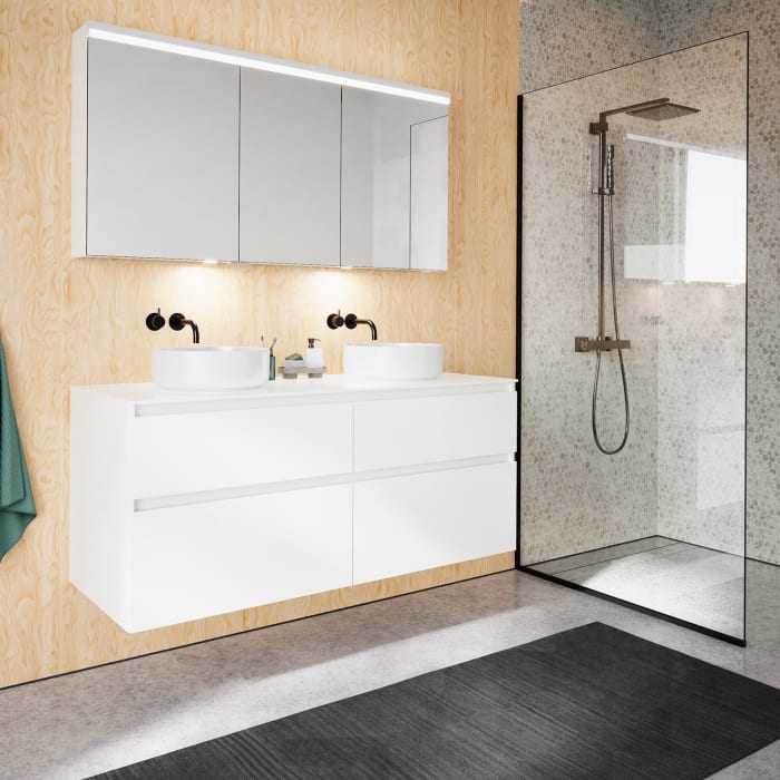 burgbad Lin20 Waschtischunterschrank mit Konsolenplatte 140 cm, 4 Auszüge, Beckenausschnitt links und rechts