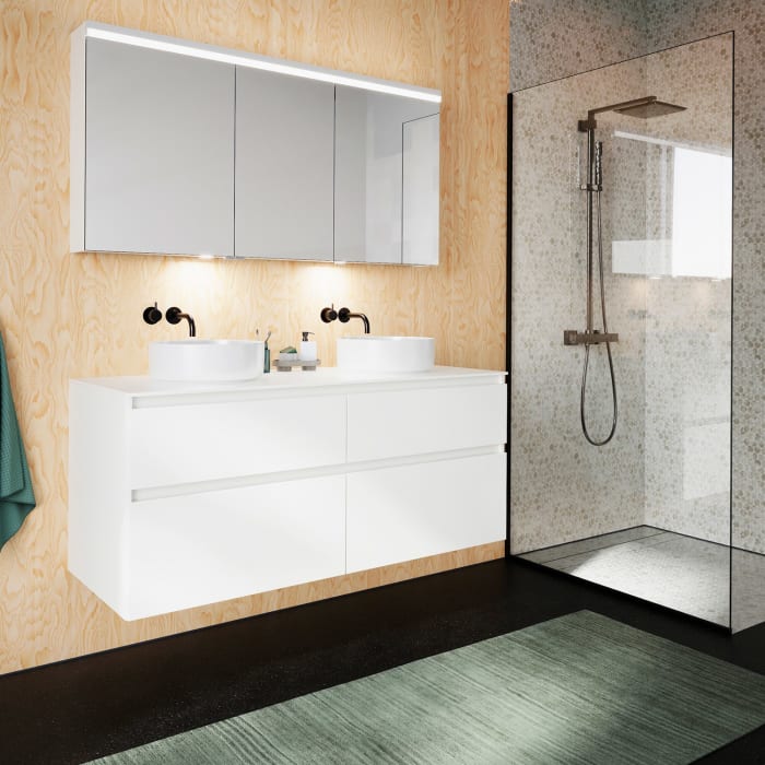 burgbad Lin20 Waschtischunterschrank mit Konsolenplatte 140 cm, 4 Auszüge, Beckenausschnitt links und rechts