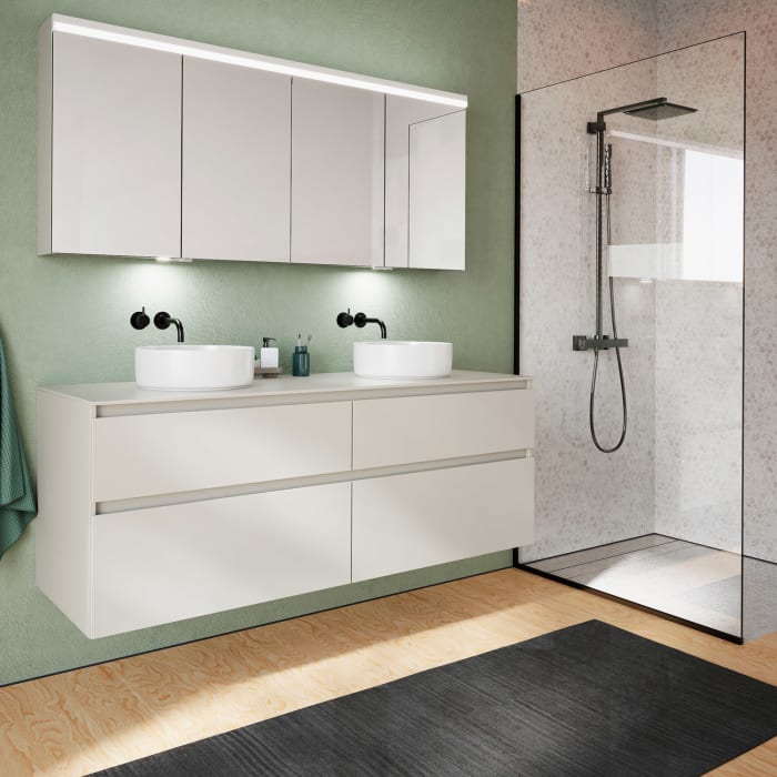 burgbad Lin20 Waschtischunterschrank mit Konsolenplatte 160 cm, 4 Auszüge, Beckenausschnitt links und rechts