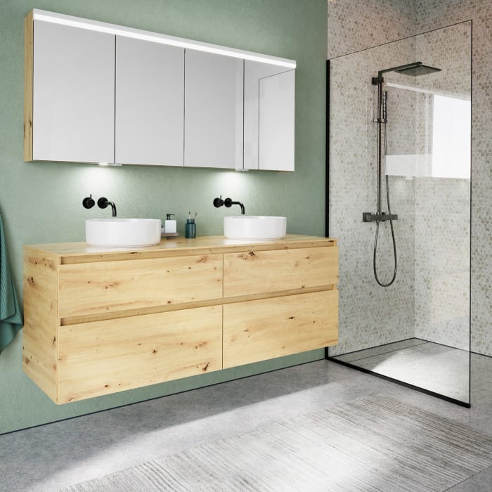 burgbad Lin20 Waschtischunterschrank mit Konsolenplatte 160 cm, 4 Auszüge, Beckenausschnitt links und rechts