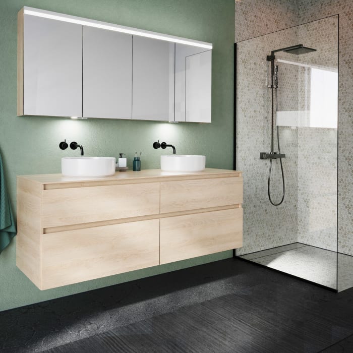 burgbad Lin20 Waschtischunterschrank mit Konsolenplatte 160 cm, 4 Auszüge, Beckenausschnitt links und rechts