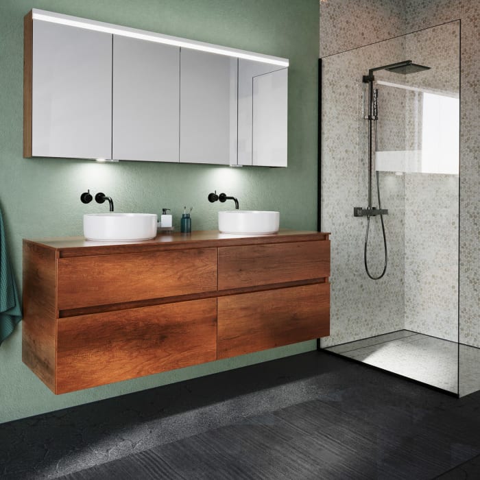 burgbad Lin20 Waschtischunterschrank mit Konsolenplatte 160 cm, 4 Auszüge, Beckenausschnitt links und rechts