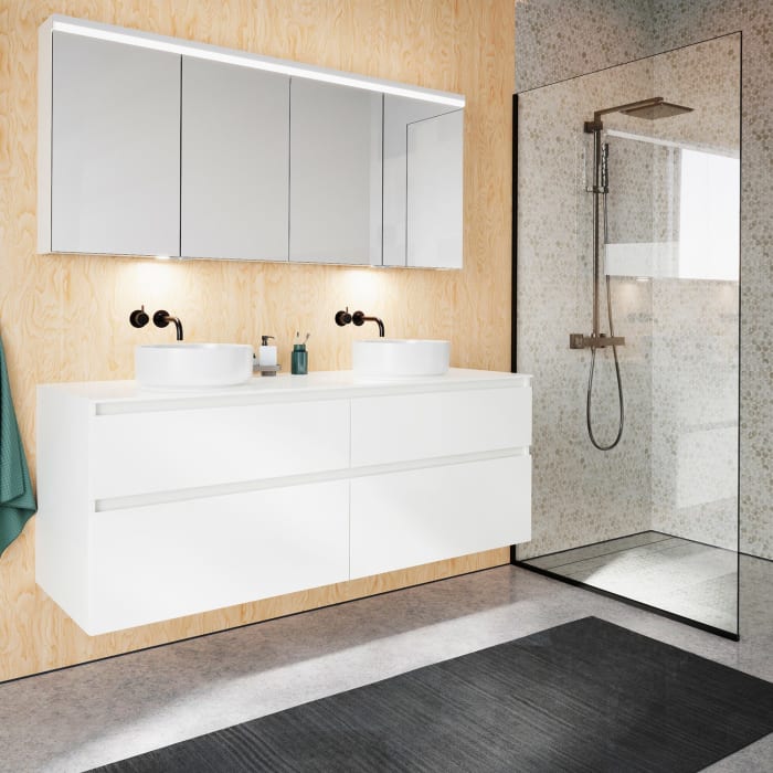 burgbad Lin20 Waschtischunterschrank mit Konsolenplatte 160 cm, 4 Auszüge, Beckenausschnitt links und rechts