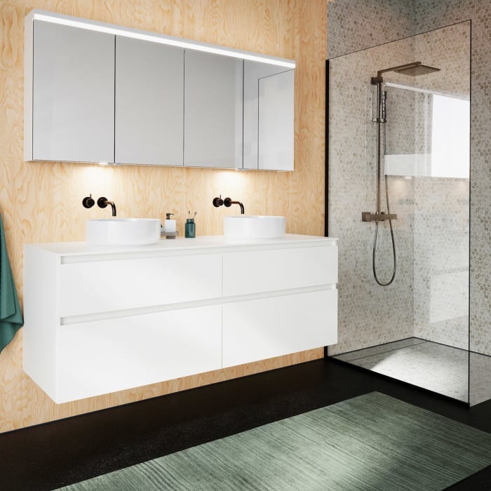 burgbad Lin20 Waschtischunterschrank mit Konsolenplatte 160 cm, 4 Auszüge, Beckenausschnitt links und rechts