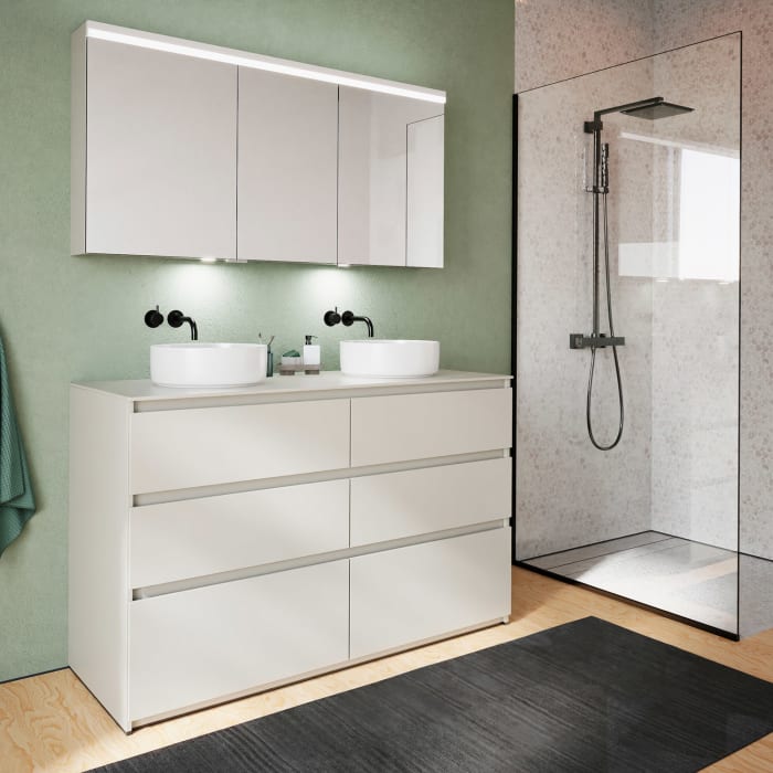 burgbad Lin20 Waschtischunterschrank mit Konsolenplatte 140 cm, 6 Auszüge, Beckenausschnitt links und rechts