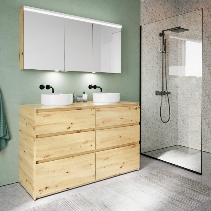 burgbad Lin20 Waschtischunterschrank mit Konsolenplatte 140 cm, 6 Auszüge, Beckenausschnitt links und rechts