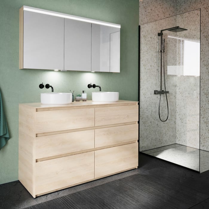 burgbad Lin20 Waschtischunterschrank mit Konsolenplatte 140 cm, 6 Auszüge, Beckenausschnitt links und rechts