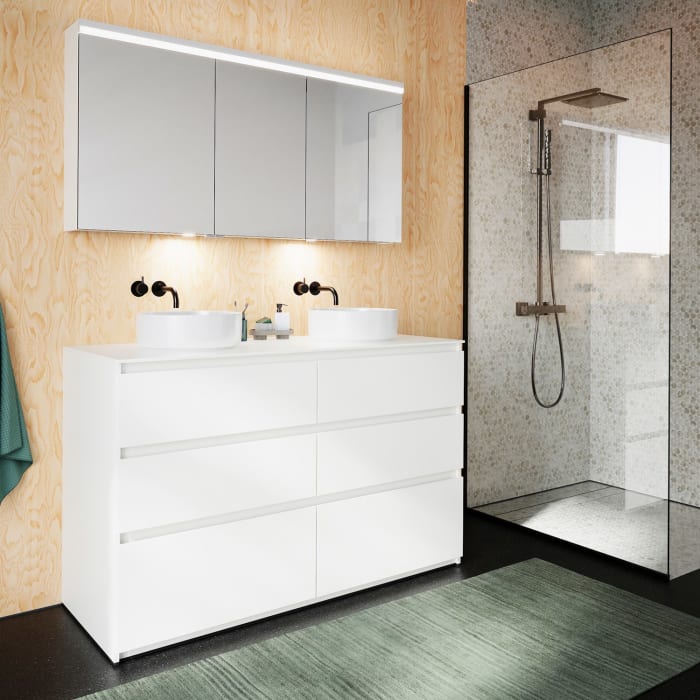 burgbad Lin20 Waschtischunterschrank mit Konsolenplatte 140 cm, 6 Auszüge, Beckenausschnitt links und rechts