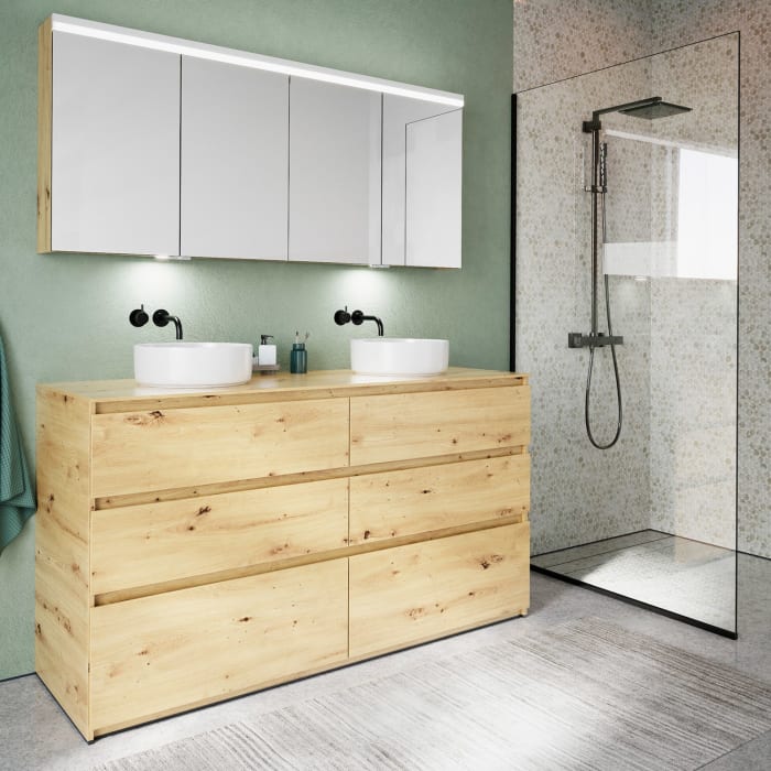 burgbad Lin20 Waschtischunterschrank mit Konsolenplatte 160 cm, 6 Auszüge, Beckenausschnitt links und rechts