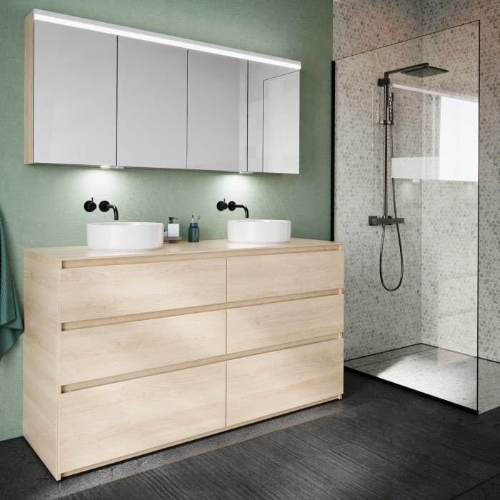 burgbad Lin20 Waschtischunterschrank mit Konsolenplatte 160 cm, 6 Auszüge, Beckenausschnitt links und rechts