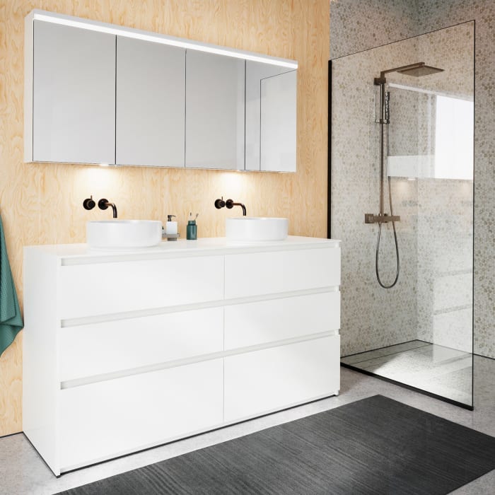 burgbad Lin20 Waschtischunterschrank mit Konsolenplatte 160 cm, 6 Auszüge, Beckenausschnitt links und rechts