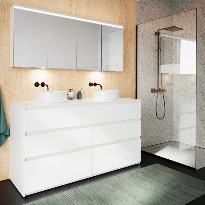 burgbad Lin20 Waschtischunterschrank mit Konsolenplatte 160 cm, 6 Auszüge, Beckenausschnitt links und rechts