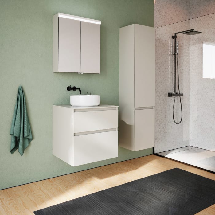 burgbad Lin20 Waschtischunterschrank mit Konsolenplatte 60 cm,  2 Auszüge, Beckenausschnitt mittig