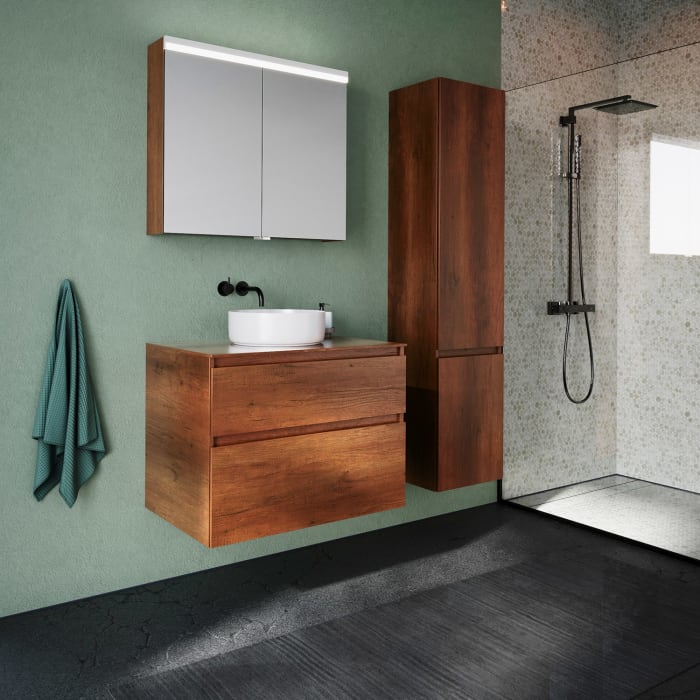 burgbad Lin20 Waschtischunterschrank mit Konsolenplatte 80 cm, 2 Auszüge, Beckenausschnitt mittig