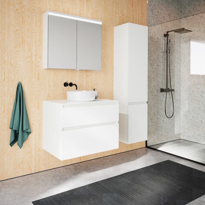 burgbad Lin20 Waschtischunterschrank mit Konsolenplatte 80 cm, 2 Auszüge, Beckenausschnitt mittig