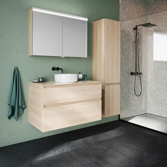 burgbad Lin20 Waschtischunterschrank mit Konsolenplatte 100 cm, 2 Auszüge, Beckenausschnitt mittig