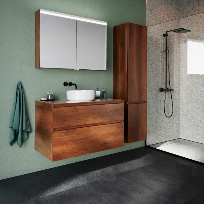 burgbad Lin20 Waschtischunterschrank mit Konsolenplatte 100 cm, 2 Auszüge, Beckenausschnitt mittig