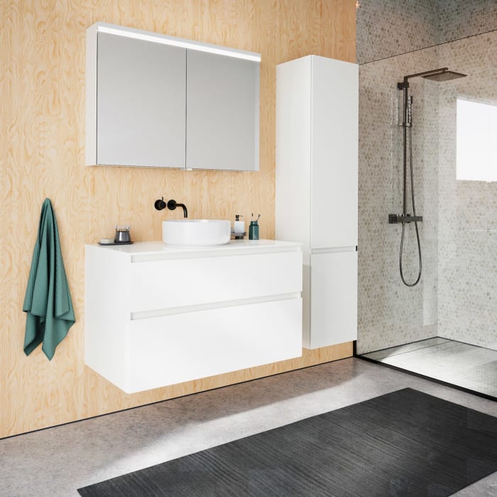 burgbad Lin20 Waschtischunterschrank mit Konsolenplatte 100 cm, 2 Auszüge, Beckenausschnitt mittig