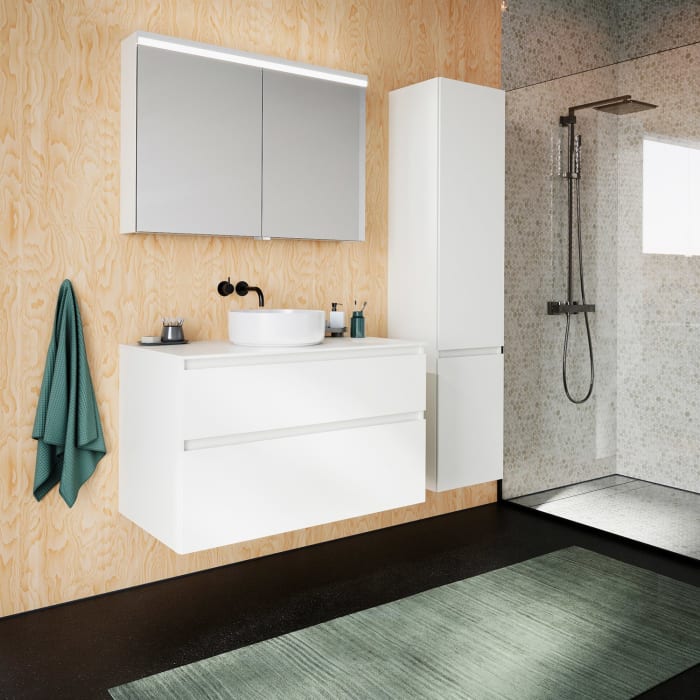 burgbad Lin20 Waschtischunterschrank mit Konsolenplatte 100 cm, 2 Auszüge, Beckenausschnitt mittig