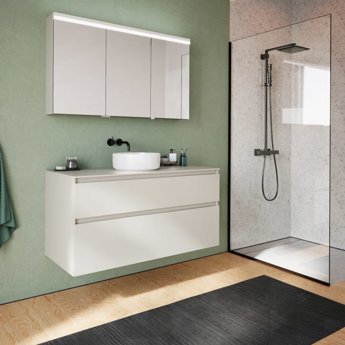 burgbad Lin20 Waschtischunterschrank mit Konsolenplatte 120 cm,  2 Auszüge, Beckenausschnitt mittig