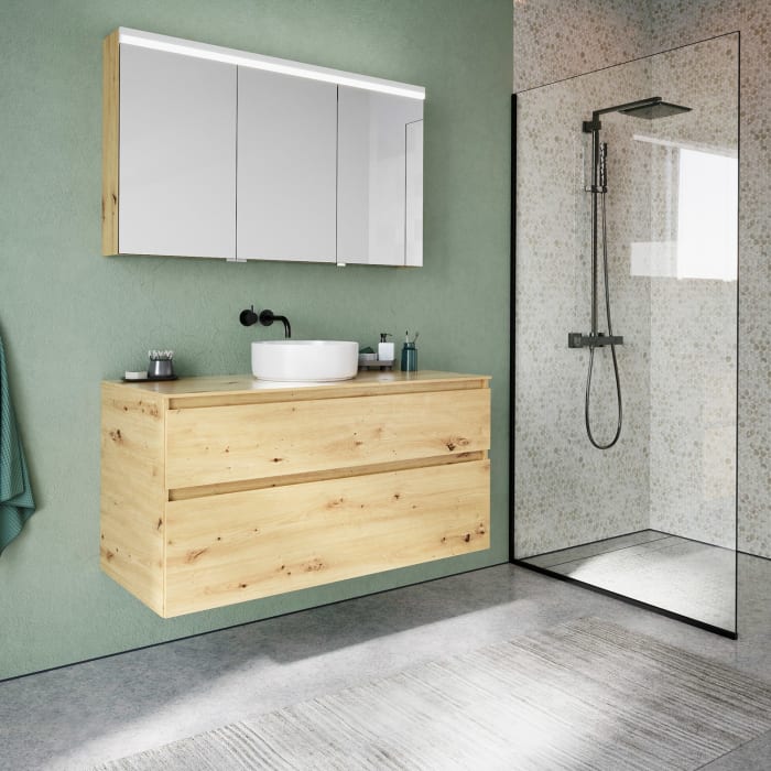 burgbad Lin20 Waschtischunterschrank mit Konsolenplatte 120 cm, 2 Auszüge, Beckenausschnitt mittig